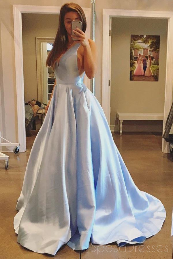 Sky Blue Long A-line Scoop Neck Lace Satin Formal Prom Dresses with Sl –  BIZTUNNEL